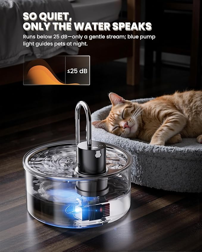 Wireless Cat Water Fountain Glass - 108oz/3.2L Automatic Ultra-Quiet Cat Water Fountain Cordless, Glass Battery Operated Pet Fountain Rechargeable Water Dispenser for Cats, Puppy, Multiple Pets