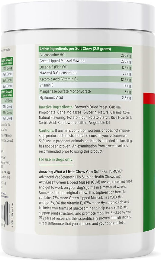 Yumove Hip & Joint Supplement for Dogs with Glucosamine, Hyaluronic Acid, Green Lipped Mussel & Omega 3 Joint Supplement - Regular or Advanced Strength (180ct, Advanced Vet Strength Soft Chews)