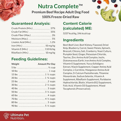 ULTIMATE PET NUTRITION Nutra Complete, 100% Freeze Dried Raw Veterinarian Formulated Dog Food with Antioxidants Prebiotics and Amino Acids (1 Pound, Beef)