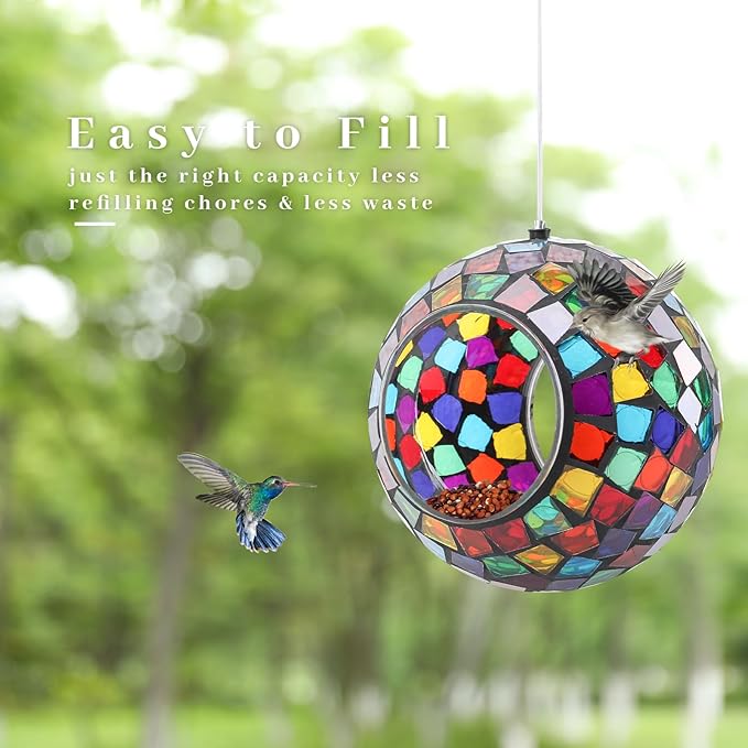 VCUTEKA Bird Feeder Mosaic Fly Through Bird Feeders for Outside Hanging with Round Shape Glass Container to Attract More Wild Birds for Garden, Yard, Backyard, Deck and Porch Decor, Polygon 7-Inch