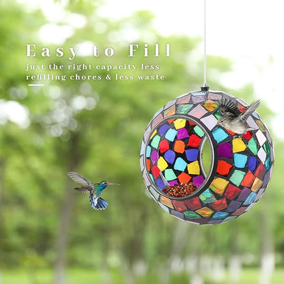 VCUTEKA Bird Feeder Mosaic Fly Through Bird Feeders for Outside Hanging with Round Shape Glass Container to Attract More Wild Birds for Garden, Yard, Backyard, Deck and Porch Decor, Polygon 7-Inch