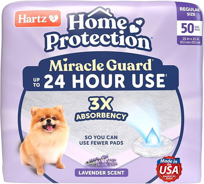 New! Hartz Home Protection Miracle Guard Lavender Scented USA Made Dog Pads, Regular Size 50 Count, 24 Hour Use, Won't Leak and Odor Eliminating