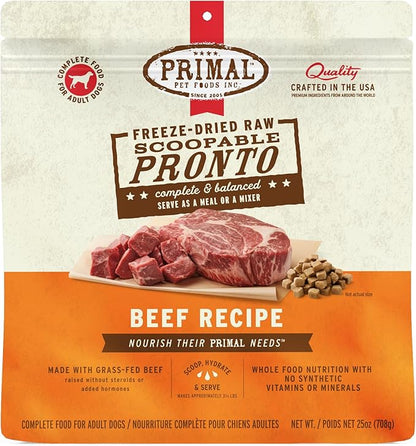 Primal Freeze Dried Dog Food, Pronto Mini Nuggets, Beef; Scoop & Serve, Complete & Balanced Meal; Also Use as Topper or Treat; Premium, Healthy, Grain Free High Protein Raw Dog Food (25 oz)