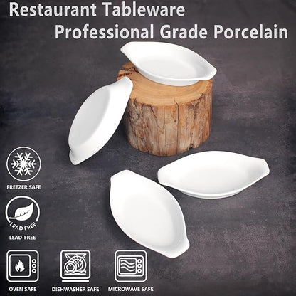 6" x 4" Ceramic Oval Small Au Gratin Baking Dishes 7 oz, Set of 4 Banana Split Bowls, Oven and Microwave Safe, for 1 person servings, Bakeware with Handle(8.3 IN) for Kitchen and Home