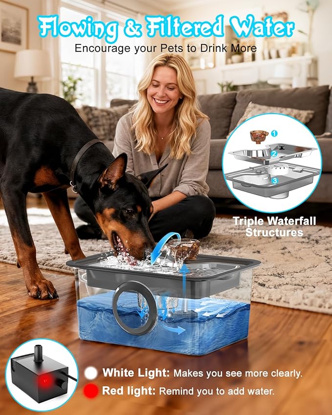 Dog Water Fountain for Large Dogs Stainless Steel 3 Gallon Big Pet Drinking Fountain with Filter, Electric Cat Watering Dispenser with Large-Filtration Area & Deeper Drinking Super Quiet