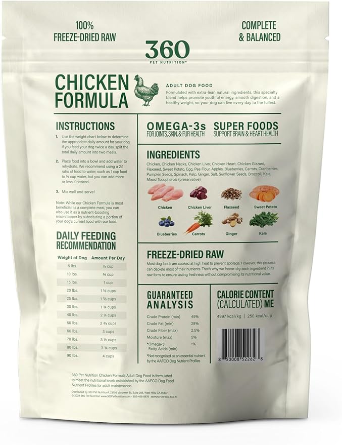 360 Pet Nutrition Freeze-Dried Raw Dog Food – Chicken Recipe with Liver & Organs, High Protein, Omega-3s, Fruits, Veggies & Superfoods, Grain-Free, No Fillers, 1 lb – Made in USA
