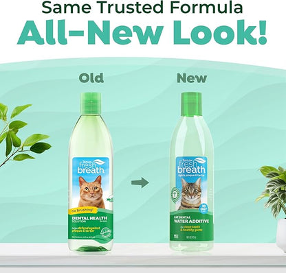 TropiClean Fresh Breath Water Additive for Cats, Cat Teeth Cleaning and Breath Freshener Solution, Complete No Brushing Dental Care, 16 oz.