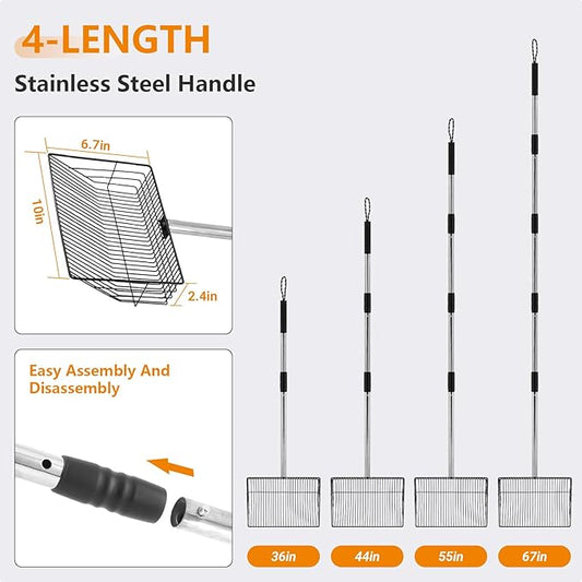 10inch Large Chicken Poop Scooper,36 to 67" Adjustable Long Chicken Coop Litter Metal Scoop with Stainless Steel Handle,5-in-1 Detachable Poop Shovel for Sand,Pet,Chicken,Cat Cleaning Tools.