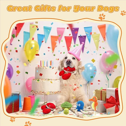 4-Pack Squeaky Dog Toys Sea Durable Interactive Chew Stuffed Crinkle Plush Toys of Rope Dog Tug of War Toy & Oral Care Puppy Toys Set: Octopus, Crab,Seahorse,Turtle Pet Toys for Small to Large Dogs