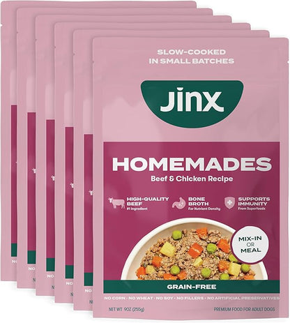 Jinx Beef Grain Free Wet Dog Food Pouches, Meal or Dog Food Topper Mix-in, Made with Real Beef & Chicken, Bone Broth & Brown Rice, No Fillers, Puppy, Adult, Senior, 9oz, 6 Pack