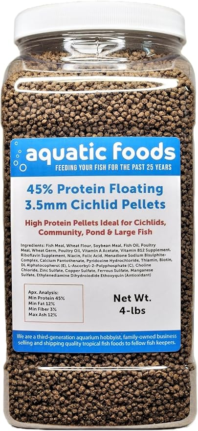 Aquatic Foods Inc. Cichlid Pellets, 45% Protein Floating 3.5mm (9/64") Pellets for Discus,Oscars, Central American, South American Cichlids…4-lb Lg Jar