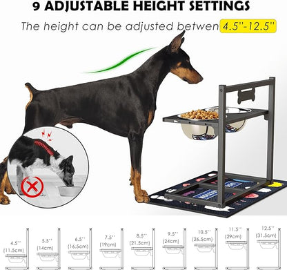 9 Height Adjustable Dog Bowl Stand with Two 1.7L Stainless Steel, Slow Feeder Bowls and Nonslip Pad, Perfect for Medium and Large Dogs