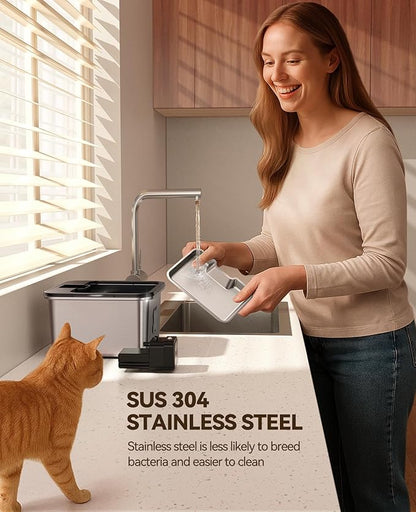 Cat Water Fountain Stainless Steel, FEELNEEDY Visual Filter Automatic Pet Water Fountain for Cats & Dogs Dispenser, Cordless Battery Operated Water Fountain for Cats Indoor - 3.2L/108oz