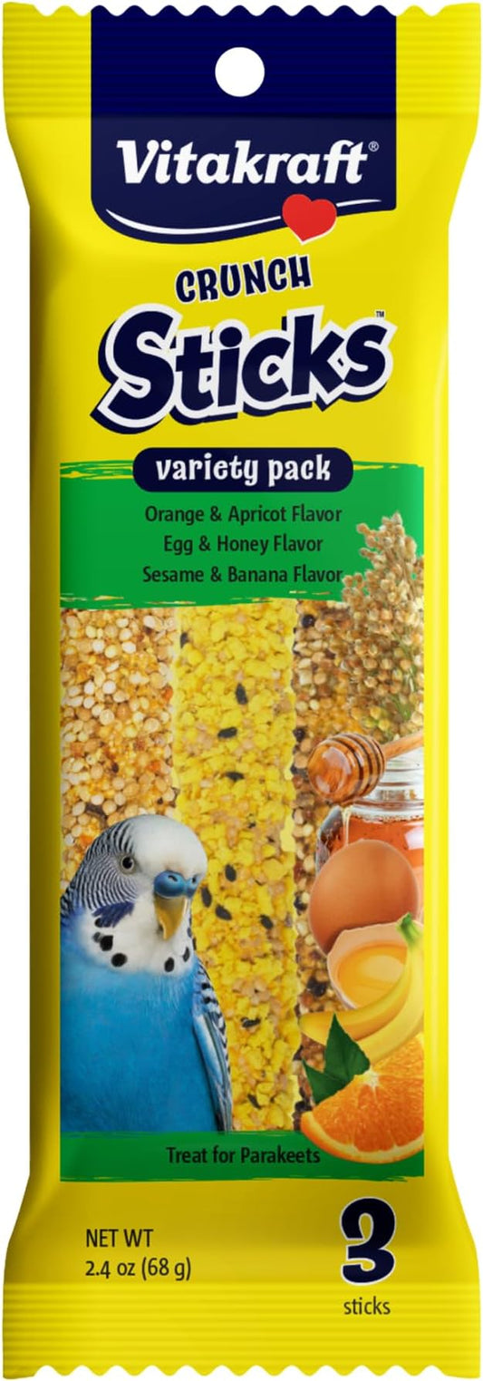 Vitakraft Crunch Sticks Variety Pack: Orange & Apricot Flavor, Egg & Honey Flavor, Sesame & Banana Flavor Treats for Parakeets, 2.4 oz