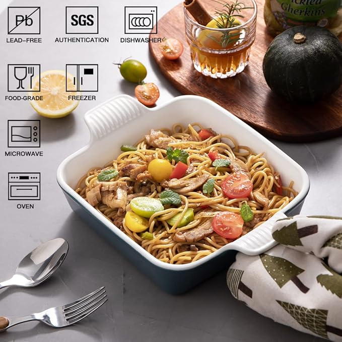 Sweejar Ceramic Baking Dish, 9 x 9 Cake Baking Pan for Brownie, Porcelain Square Bakeware with Double Handle for Casserole, Lasagna, Family Dinner (Fog Blue)