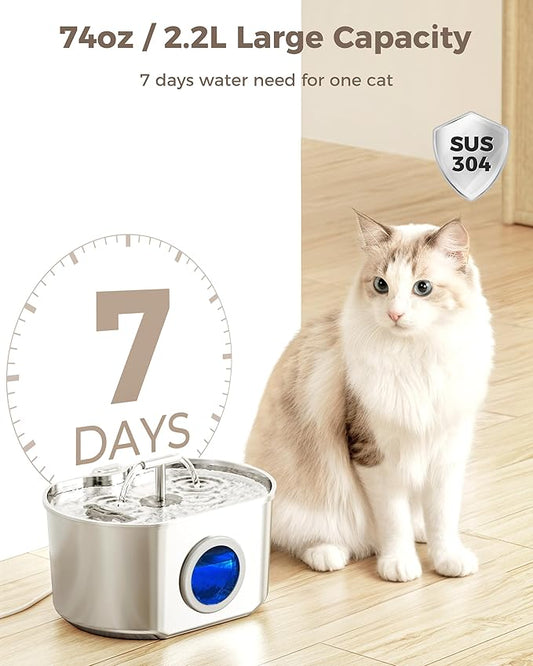 Cat Water Fountain Stainless Steel - Pet Drinking Fountain for Cats Indoor - 2.2L/74oz Automatic Water Dispenser with Watering Level Window (4 Filters)