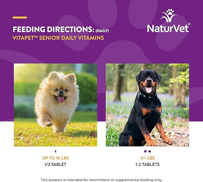 NaturVet –VitaPet Senior Daily Vitamins for Senior Dogs – Plus Glucosamine – Full Spectrum of Vitamins & Minerals – Enhanced with Glucosamine for Added Joint Support – 60 Time Release Tablets
