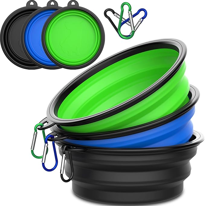 3 Pack Collapsible Dog Bowl Travel Portable Pet Bowls [34oz,1000ml],Expandable Foldable Food Water Feeding Dishes for Traveling Hiking Walking,with Carabiners [Black,Blue,Green]