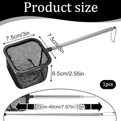 Aquarium Shrimp Net, Shrimp Skimming Aquarium Nets with Extendable Stainless Steel Handle Fish Net for Fish Tank Aquariums Small Ponds Baby-Fish Food Residue Debris, Retractable 7.8-18 Inches Long