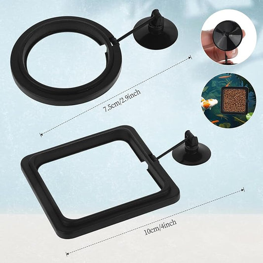 2 PCS Fish Feeding Rings,Black Fish Feeder Round and Square Aquarium Floating Food Feeder Circle with Suction Cup Prevent Water Turbulence from Washing Food into Filter for Guppy, Goldfish and Other