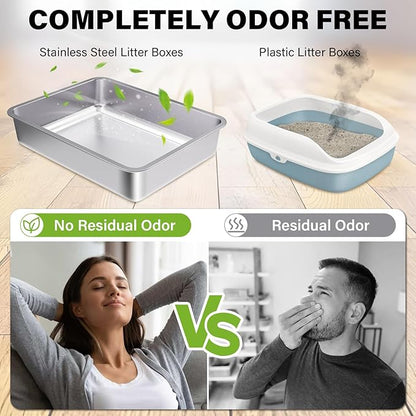 Stainless Steel Litter Box Small to Medium,17.7" x 13.7" x 4" Litter Box for Kittens,Easy Clean Non Stick Easy Entry No Smell Metal Litterbox for Senior Cats or Short Legged Cat/Bunny