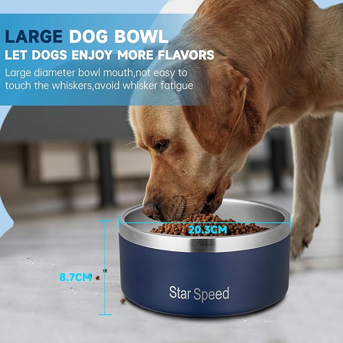 StarSpeed Stainless Steel Dog Bowl. Large Dog Water Bowl with Rubber Bottom, Drop Resistant, Keeps Cold, Holds 8 Cups (64oz, Navy Blue)