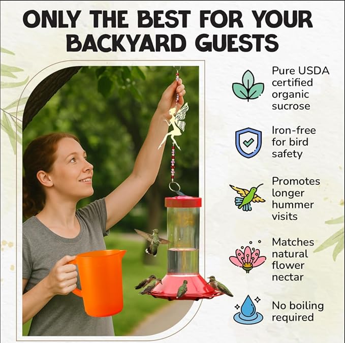 USDA Organic Hummingbird Nectar, Iron-Free, 4 x 8oz Concentrate Pouches, All-Natural, Dye-Free Nectar for Backyard Feeders, Hummingbird Food Mix for Outdoor Bird Lovers