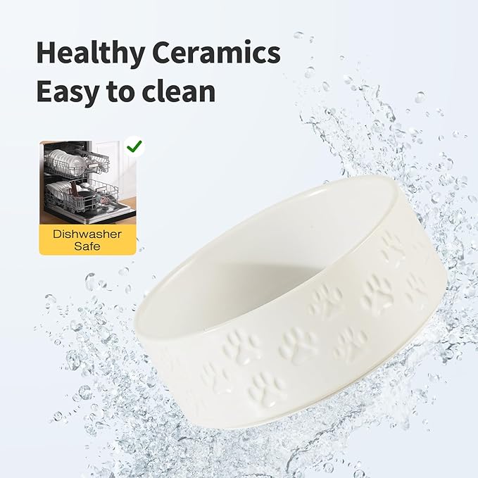 5.1" Non-Slip Ceramic 2 - Piece Dog Bowl Set for Toy Breed Dogs - Food and Water Bowls for Puppy, Pet Dishes for Cats, Kitty (Double Bowls - White, 5.1 inch)