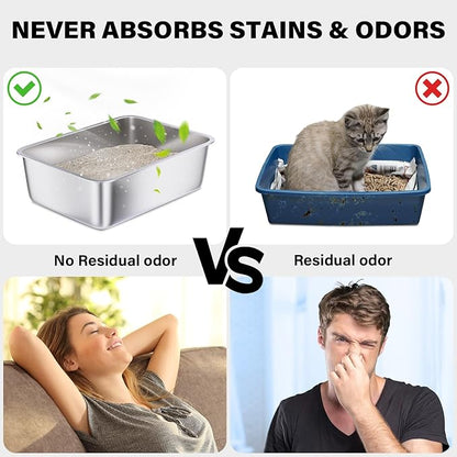 Stainless Steel Litter Box, Medium Metal Litter Box for Cat,Easy Clean Non Stick Easy Entry No Smell Metal Litterbox for Kitty/Rabbits