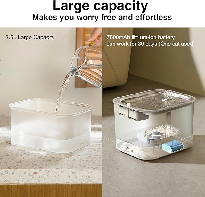 Cat Water Fountain Stainless Steel Battery Operated with Wireless Pump 84oz/2.5L Cat Water Dispenser Cordless Water Fountain with Motion Sensor, Ultra Quiet Pump, Multi-Filtration, Easy Clean
