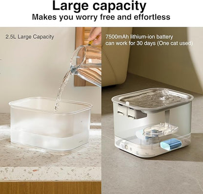 Cat Water Fountain Stainless Steel Battery Operated with Wireless Pump 84oz/2.5L Cat Water Dispenser Cordless Water Fountain with Motion Sensor, Ultra Quiet Pump, Multi-Filtration, Easy Clean