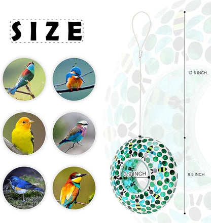 VCUTEKA Bird Feeder Mosaic Fly Through Bird Feeders for Outside Hanging with Round Shape Glass Container to Attract More Wild Birds for Garden, Yard, Backyard, Deck and Porch Decor, Bee 10-Inch