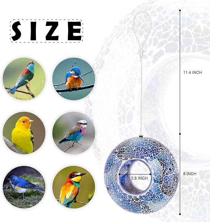 VCUTEKA Bird Feeder Mosaic Fly Through Bird Feeders for Outside Hanging with Round Shape Glass Container to Attract More Wild Birds for Garden, Yard, Backyard, Deck and Porch Decor, 8-Inch
