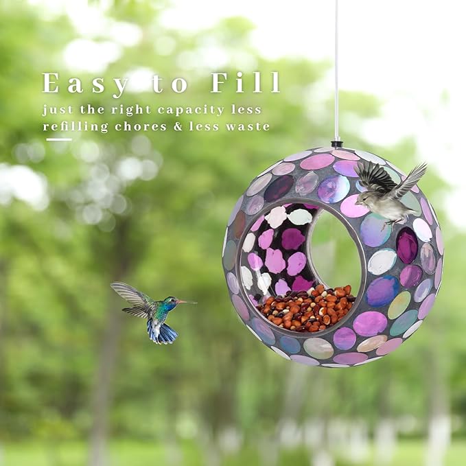 VCUTEKA Mosaic Bird Feeder, Round Glass Container Hanging Bird Feeders for Gardens, Yards, Decks to Attract Wild Birds, 7-Inch Purple