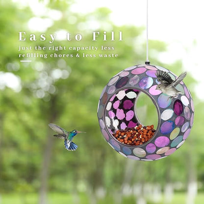 VCUTEKA Mosaic Bird Feeder, Round Glass Container Hanging Bird Feeders for Gardens, Yards, Decks to Attract Wild Birds, 7-Inch Purple