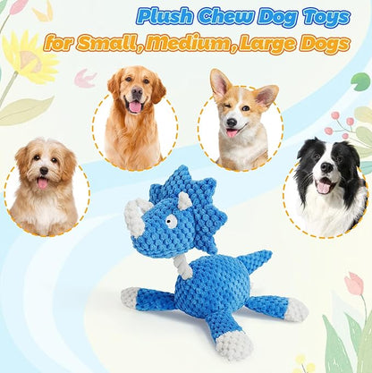 4-Pack Squeaky Dog Toys Durable Ropes Chew Stuffed Animals Toys Interactive Tug of War Plush Dog Toy with Whistle Bundle Pet Toys Set: Giraffe, Dinosaur, Cow and Elephant Dog Toy to Keep Them Busy