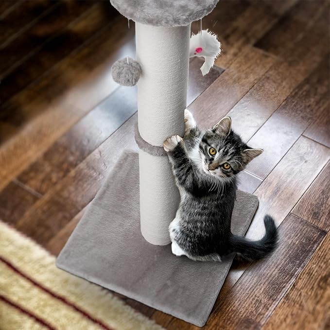 34 Inch Tall Cat Scratching Post for Multi Cat - Cat Scratching Post for Indoor Cats and Kitten with Velvet Large Diameter Scratching Post Top & 2 Hanging Ball Toy