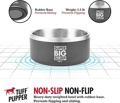 Tuff Pupper Heavy Duty Insulated Dog Bowl | Double Wall Stainless Steel Dog Food Dish | Non-Slip Spill Proof Dishwasher Safe Cat Bowl | Water Dish for Feeding Large Medium Small Pets (188oz, Grey)