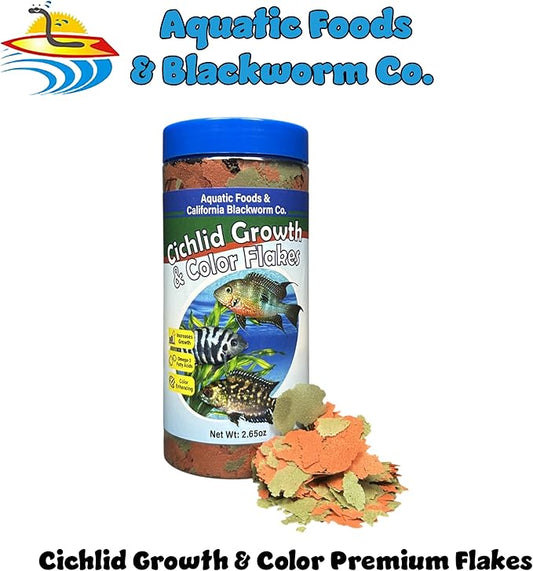 Aquatic Foods Inc. Cichlid Green Growth & Red Color Enhancing Flakes for Cichlids, Central & South American Cichlids, 4-Type Wafer Mix & 12-Type Pellet Mix Included...2.65oz Canister