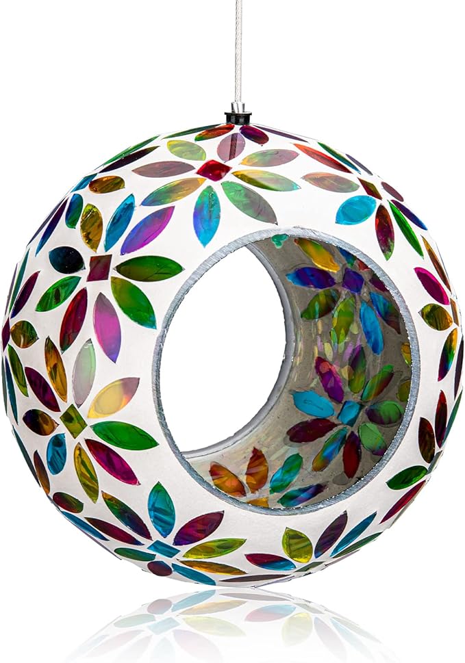VCUTEKA Bird Feeder for Outside Hanging with Round Shape Glass Container to Attract More Wild Birds, Mosaic Fly Through for Garden, Yard, Backyard, Deck and Porch Decor, 7-Inch