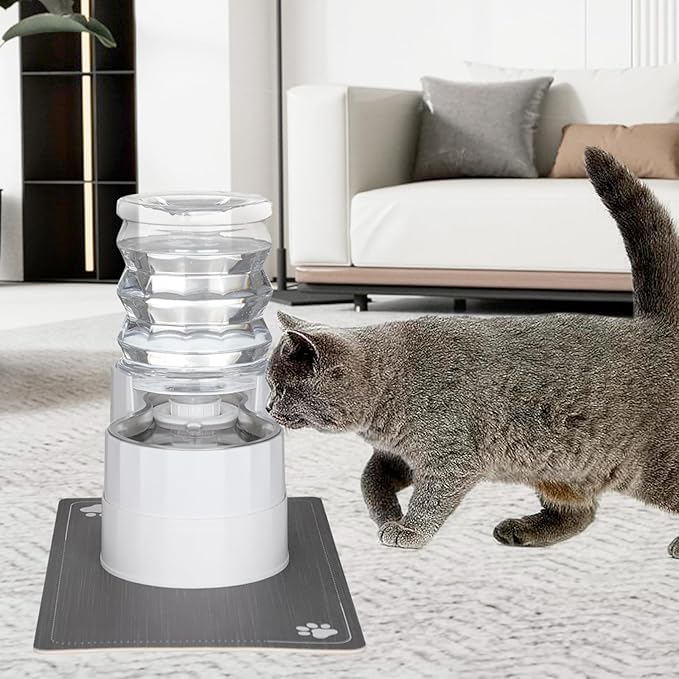 RIZZARI Automatic Pet Water Dispenser: 5L White Cats and Dogs Gravity Feeder - Stainless Steel Bowl - Outdoor Hiking Use.