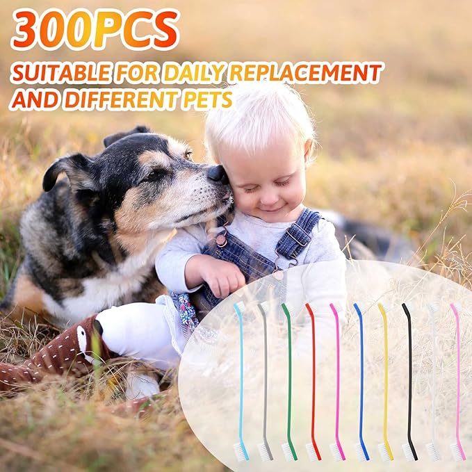 Eaasty 300 Pcs Dog Toothbrush Bulk Dual Headed Dental Brushes Puppy Tooth Brushing Kit Long Handle Toothbrush for Large Small Dogs Cats Puppy Teeth Cleaning Oral Dental Care Supplies 10 Colors