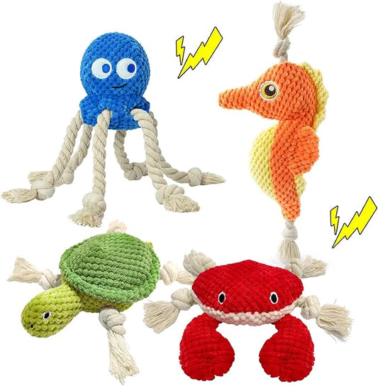 4-Pack Squeaky Dog Toys Sea Durable Interactive Chew Stuffed Crinkle Plush Toys of Rope Dog Tug of War Toy & Oral Care Puppy Toys Set: Octopus, Crab,Seahorse,Turtle Pet Toys for Small to Large Dogs