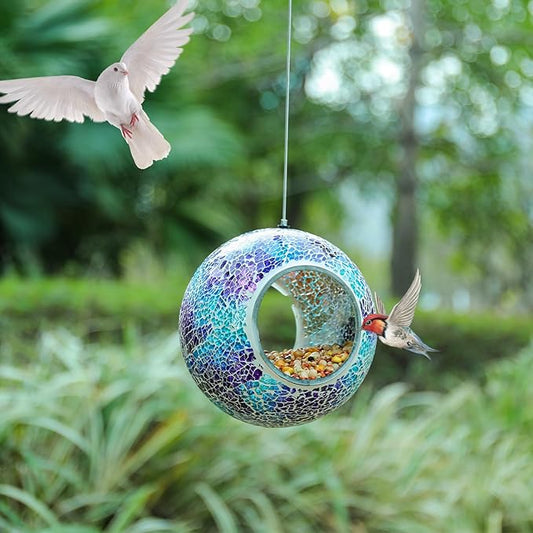 VCUTEKA Mosaic Bird Feeder, Round Glass Container Hanging Bird Feeders for Gardens, Yards, Decks to Attract Wild Birds, 7-Inch Purple Blue
