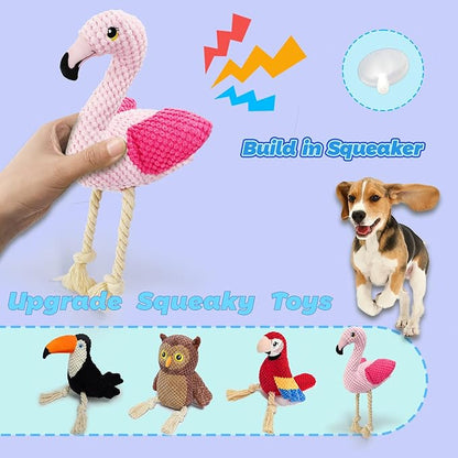 4-Pack Durable Squeaky Dog Toys for Small to Large Dogs Interactive Knot Bird Chew Rope Plush Dog Toys Set Flamingo, Parrot, Toucan, Owl for Teething, Anxiety Relief Perfect for Aggressive Chewers
