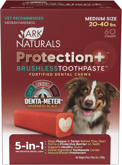ARK NATURALS Protection+ Brushless Toothpaste, Dog Dental Chews for Medium Breeds, Prevents Plaque & Tartar, Freshens Breath, 54oz, 1 Pack, Red