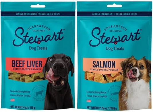 Stewart Freeze Dried Raw Dog Treats Bundle: Surf & Turf Variety, Beef Liver 4 oz + Salmon 2.75 oz, Single Ingredient Training Treat or Meal Topper, Grain Free, Gluten Free