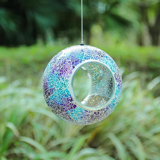VCUTEKA Mosaic Bird Feeder, Round Glass Container Hanging Bird Feeders for Gardens, Yards, Decks to Attract Wild Birds, 7-Inch Purple Blue