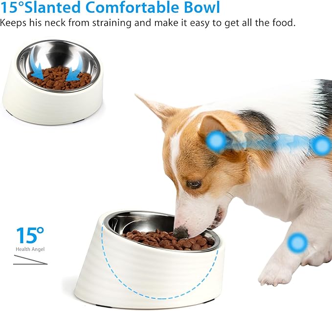 Tilted Slanted Dog Bowl 1 Cup, 15° Tilted Stainless Steel Dog Cat Food Bowl, Non-Slip & Non-Spill Pet Feeder with Elevated Detachable Melamine Stand, Easy to Get Food Dish, Medium White