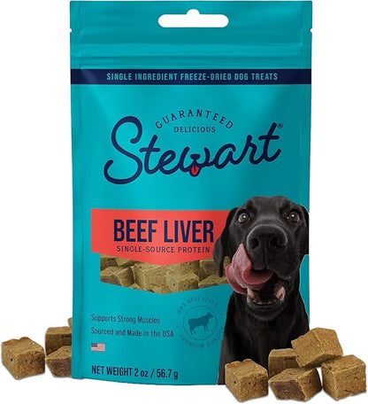 Stewart Single Ingredient Freeze Dried Raw Dog Treats, Beef Liver, 2 Ounce, Approx. 45 Pieces per Resealable Pouch, Training Treats or Meal Topper, High Protein, Grain Free, Gluten Free